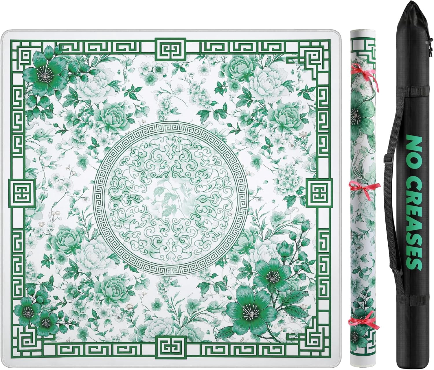 Mahjong Mat for Table 33x33 Inch, No-Crease,Anti-Slip,Noise-Reducing American Mahjong Mat, Mahjong Table Mat with Carry Bag, Neoprene Mahjong Mat for Poker, Card, Board (Green)