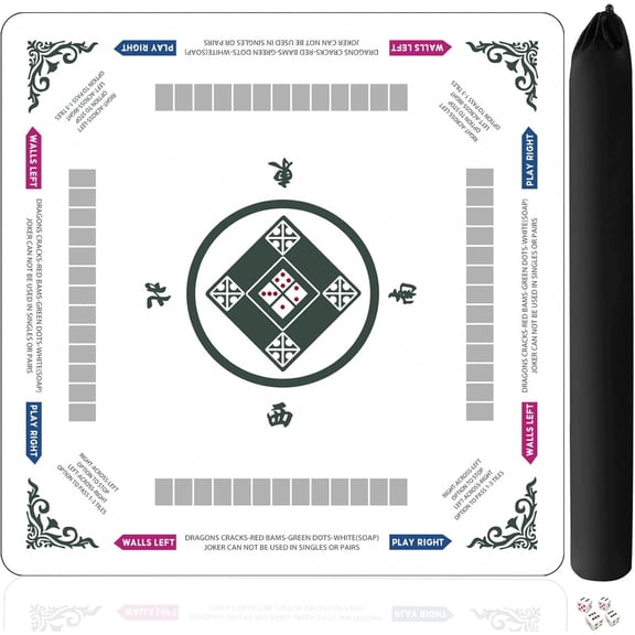 Mahjong Mat for Table - Anti-Wrinkle Design & Foldable 31.5x31.5Inch American Mahjongg Table Mat with Learning Rules, Anti-Slip Noise Reduction Includes Carry Bag& 4 Dices(White)