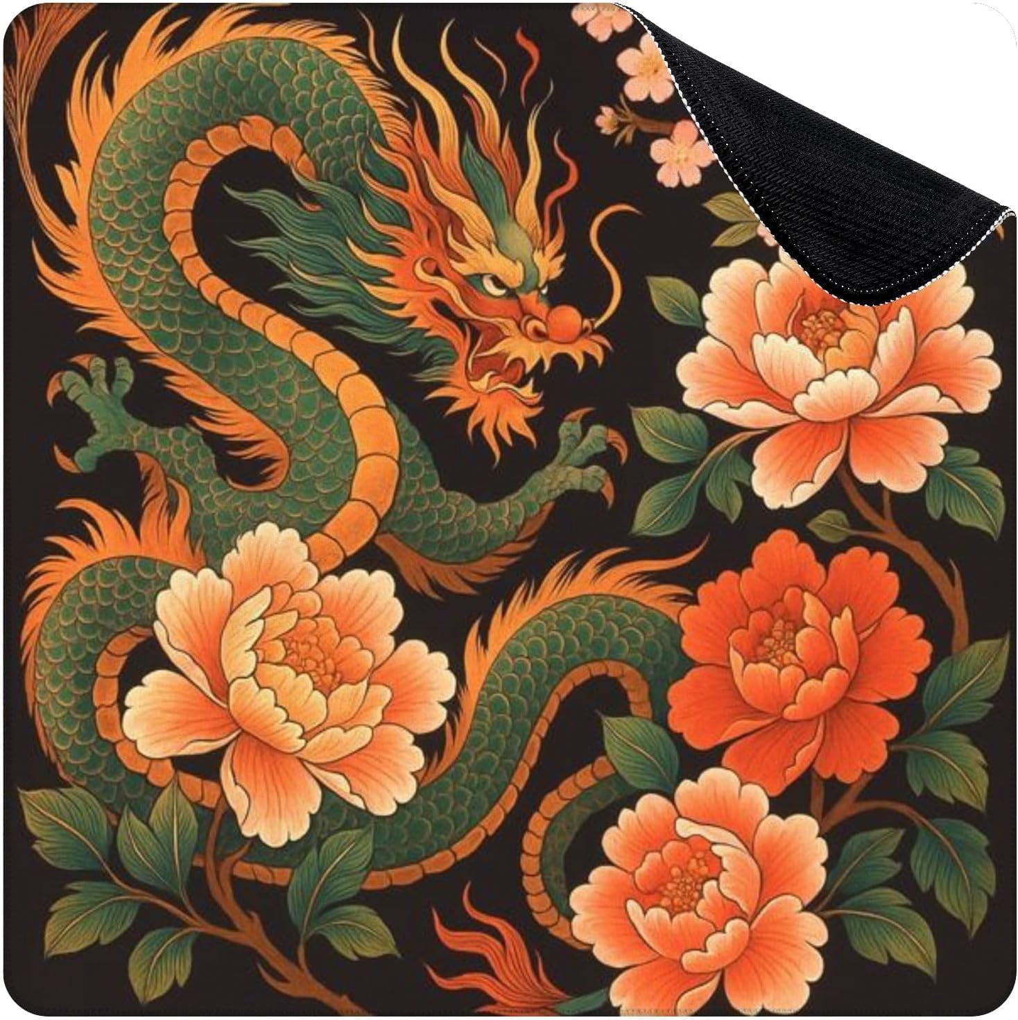 Mahjong Mat for Table Chinese Dragon Peonies Floral Elements Vintage Style 31.5" x 31.5" Non-Slip Noise-Reducing Game Mat Premium Mahjong Accessories for Poker Dominoes Board Games