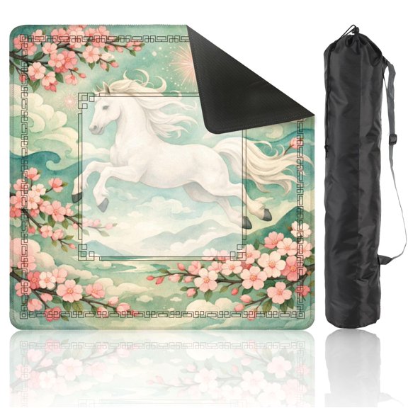 Mahjong Mat for Table Chinoiserie Elegant White Lotus Flowers Green Leaves Seamless 31.5" x 31.5" Non-Slip Noise-Reducing Game Mat Premium Mahjong Accessories for Poker Dominoes Hosting