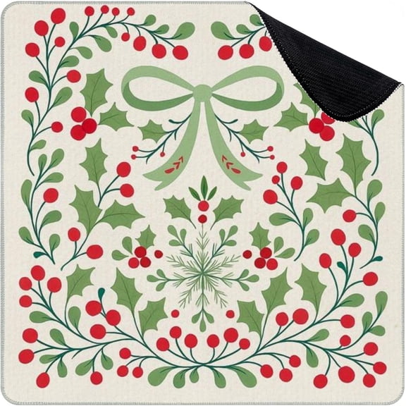 Mahjong Mat for Table Festive Christmas Holly Red Berries Green Bow Snowflake 31.5" x 31.5" Non-Slip Noise-Reducing Game Mat Premium Mahjong Accessories for Poker Dominoes Board Games