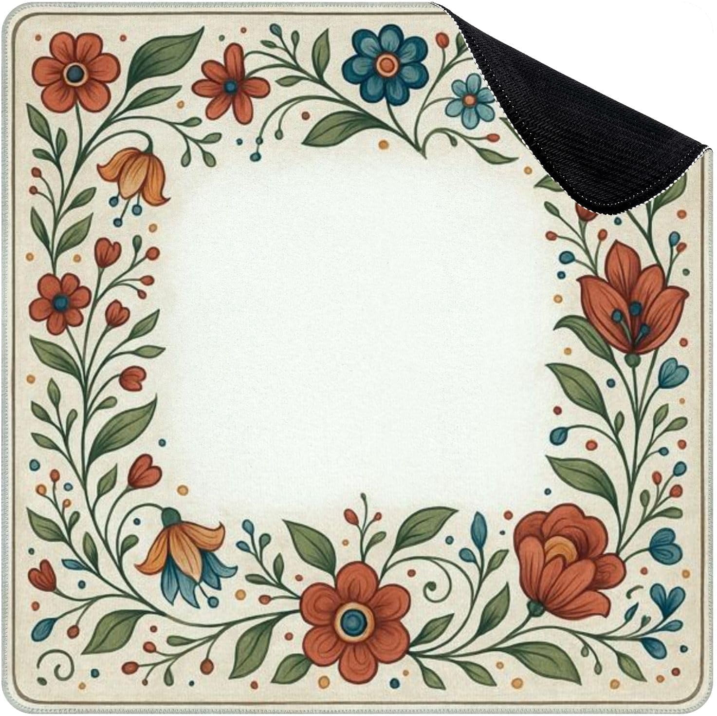 Mahjong Mat for Table Floral Border Design Orange Blue Green Flowers Leaves 31.5" x 31.5" Non-Slip Noise-Reducing Game Mat Premium Mahjong Accessories for Poker Dominoes Board Games