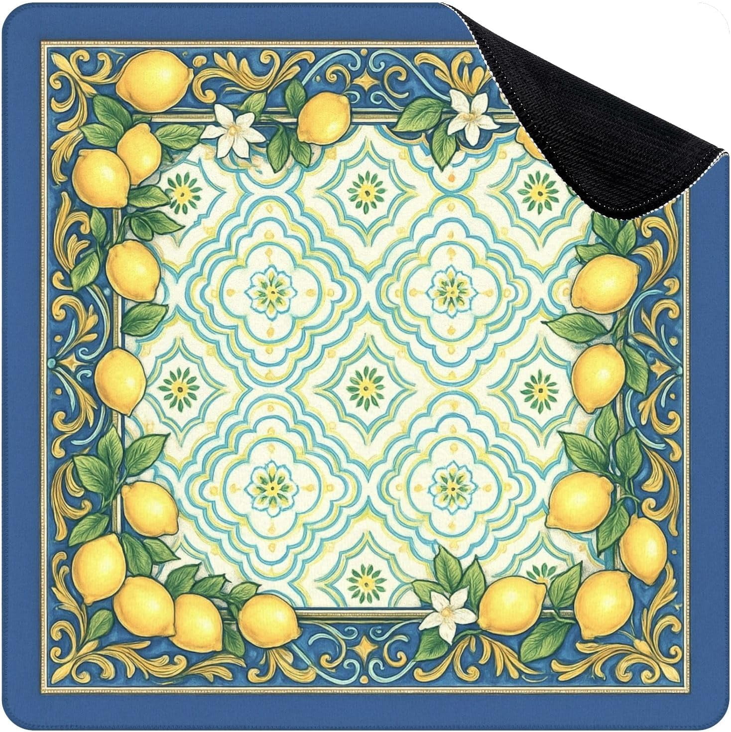 Mahjong Mat for Table Lemon Floral Tile Blue Yellow Details 31.5" x 31.5" Non-Slip Noise-Reducing Game Mat Premium Mahjong Accessories for Poker Dominoes Board Games