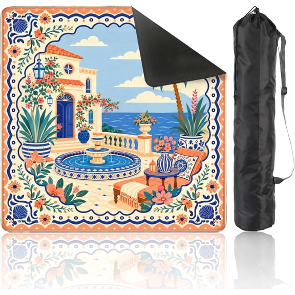 Mahjong Mat for Table Leopard by Ornate Poolside Pavilion Tropical Garden Watercolor Blue 31.5" x 31.5" Non-Slip Noise-Reducing Game Mat Premium Mahjong Accessories for Poker Dominoes Hosting