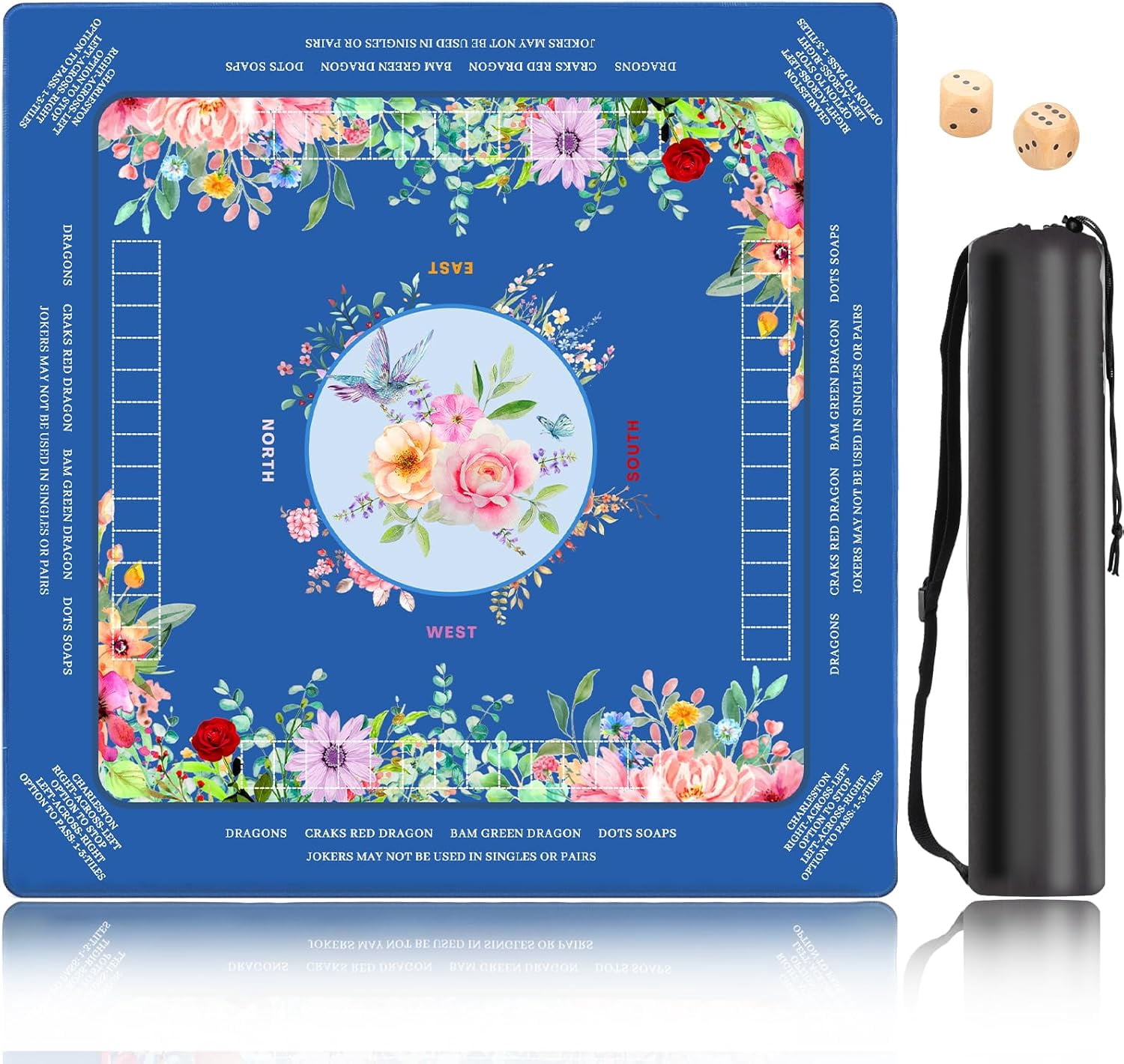 Mahjong Mat for Table, Non-Slip Noise Reduction Mahjong Table Cove 32×32 Inch Portable Gaming Mat for Poker/Cards/Board Games/Tile Games, Mahjong Tablecloth with Carrying Bag (Blue+Flowers)
