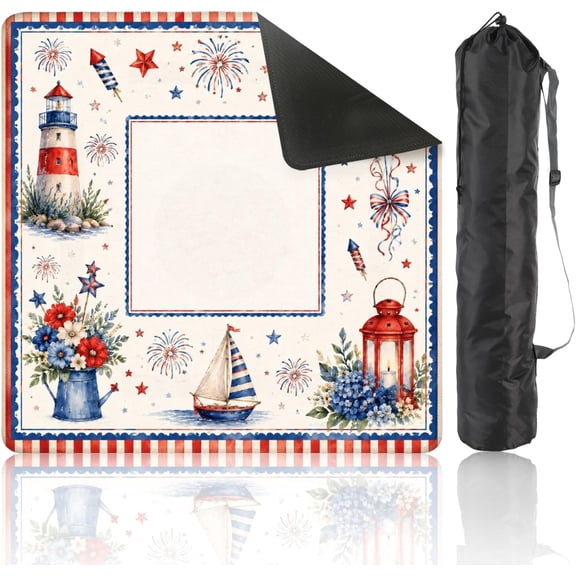 Mahjong Mat for Table Patriotic Nautical Lighthouse Fireworks Balloons Red White Blue 31.5" x 31.5" Non-Slip Noise-Reducing Game Mat Premium Mahjong Accessories for Poker Dominoes Hosting