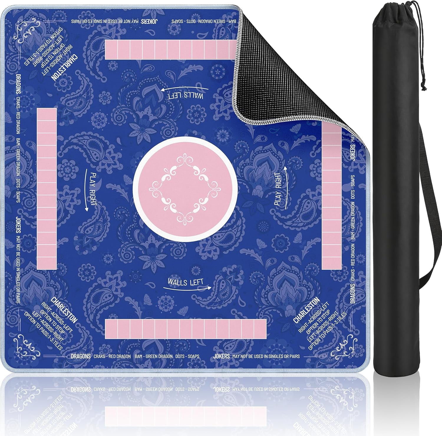 Mahjong Mat Table with Rules Mah Jong Mat Neoprene Travel Chinoiserie Floral Majong Learning Mat Instructions Mahjong Gifts Women Unique Non-Slip Rubber Pad, 31.5" x 31.5", Blue Pink