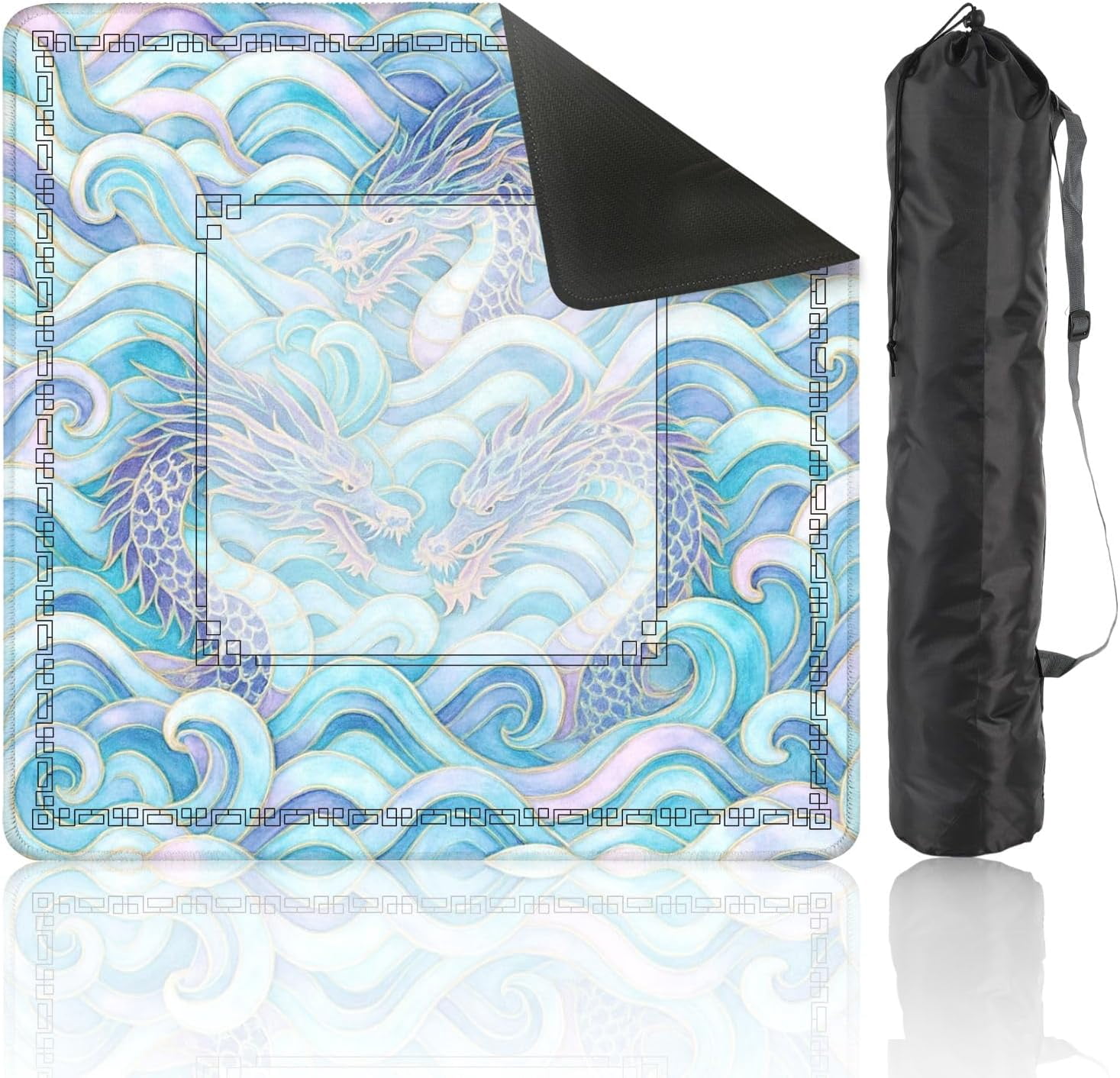 Mahjong Mat for Table Sea Waves Dragons Magic Seamless Watercolor Hand Drawn Blue Teal 31.5" x 31.5" Non-Slip Noise-Reducing Game Mat Premium Mahjong Accessories for Poker Dominoes Board Games