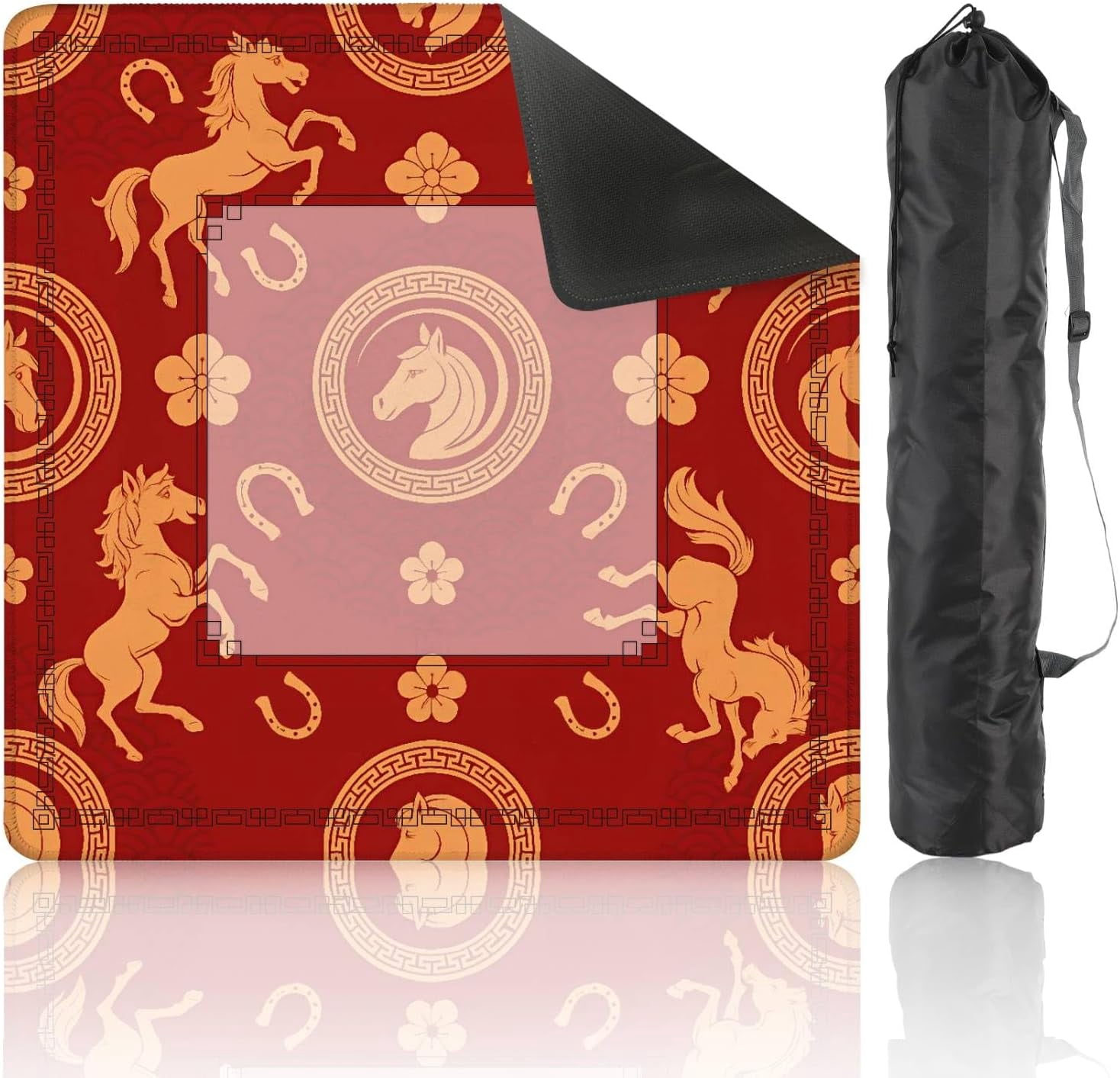Mahjong Mat for Table Seamless Happy Chinese New Year 2026 Year Horse Zodiac Sign Chinese 31.5" x 31.5" Non-Slip Noise-Reducing Game Mat Premium Mahjong Accessories for Poker Dominoes Board Games