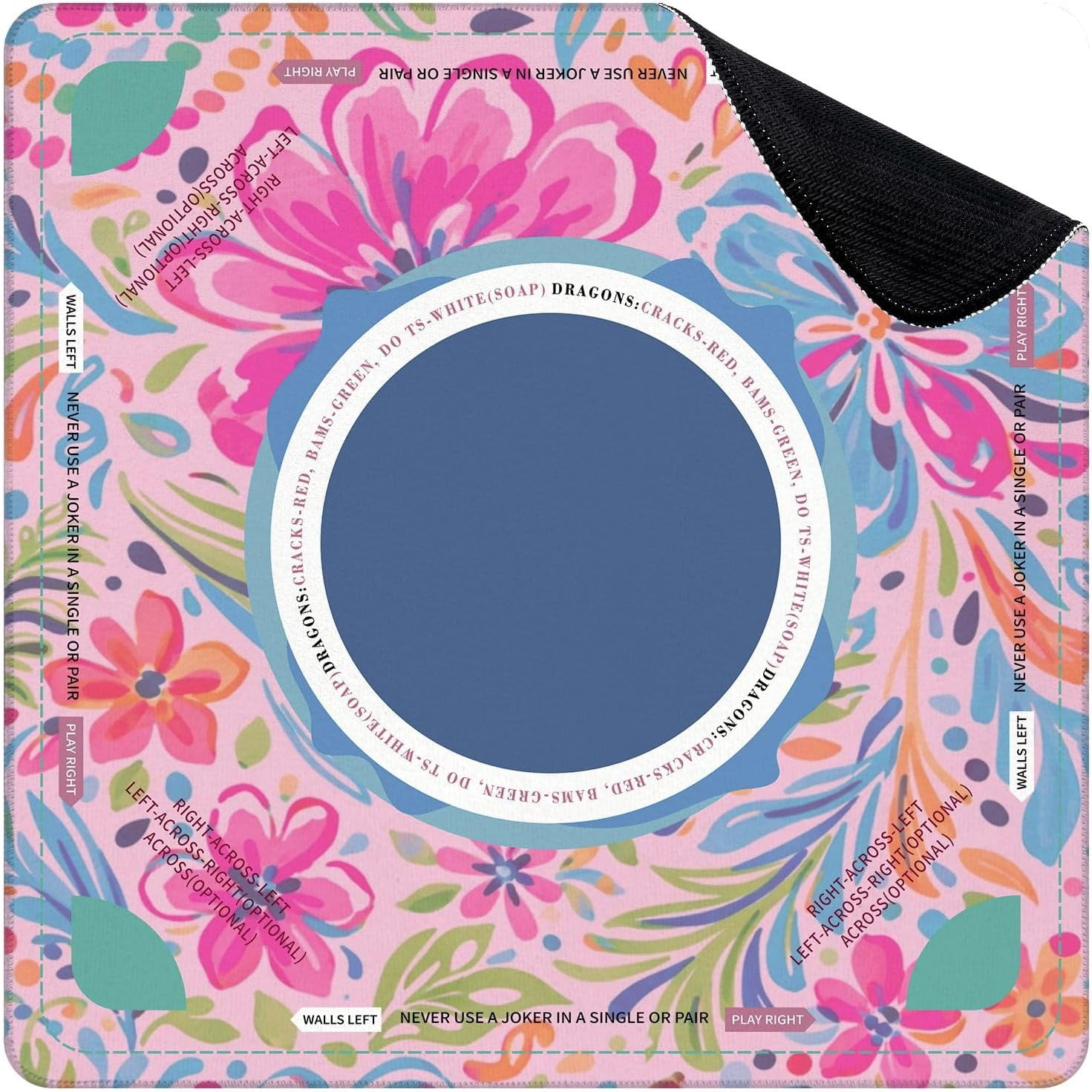 Mahjong Mat for Table Vibrant Floral Pink Blue Green Flowers 31.5" x 31.5" Suit American Mahjong Rule Non-Slip Noise-Reducing Game Mat for Poker Dominoes Hosting