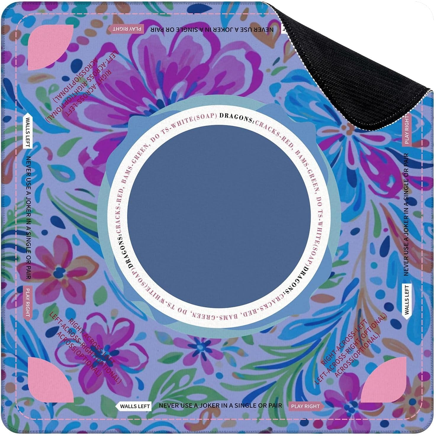 Mahjong Mat for Table Vibrant Floral Pink Blue Green Flowers 31.5" x 31.5" Suit American Mahjong Rules Non-Slip Noise-Reducing Game Mat for Poker Dominoes Hosting