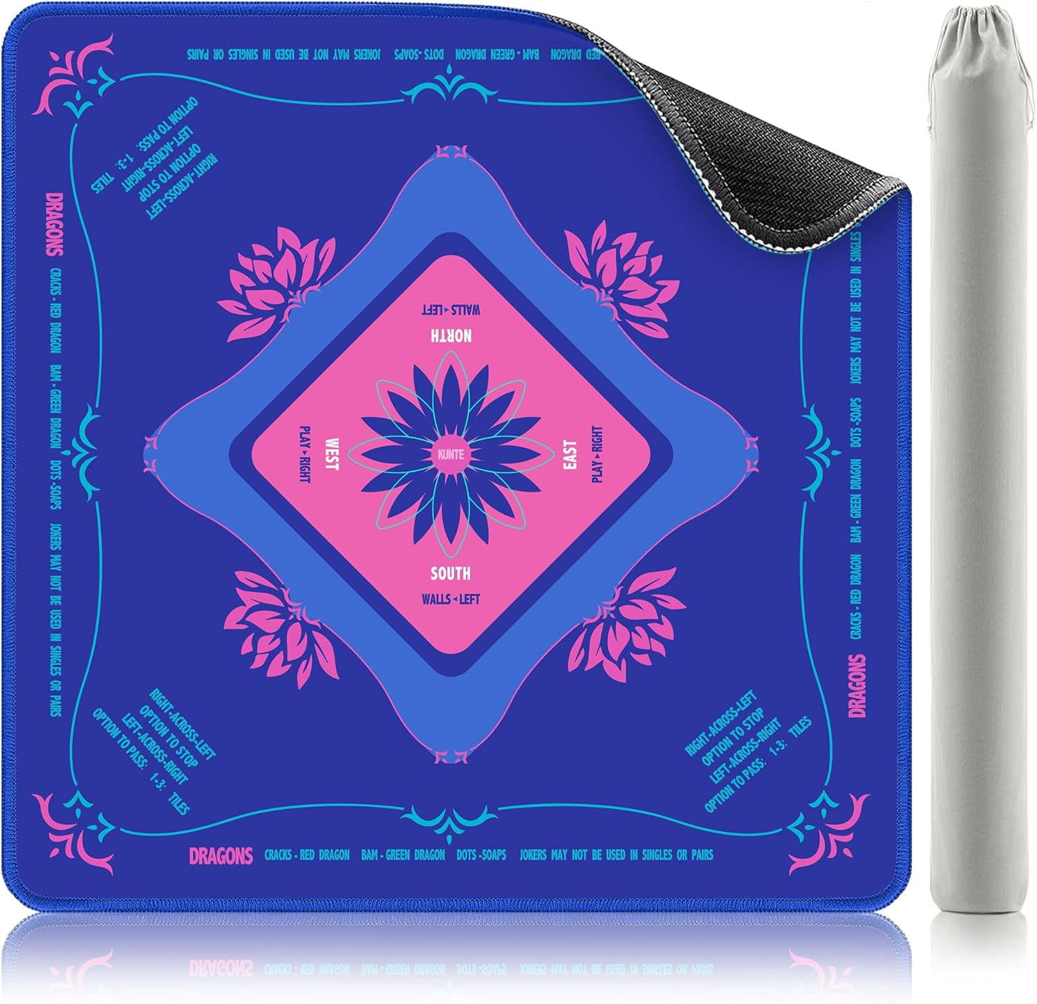 Mahjong Mat for Table, American Mahjong Mat with Printed Rules, 32x32 Inch Non-Slip, Quiet and Foldable Game Mat (Blue)