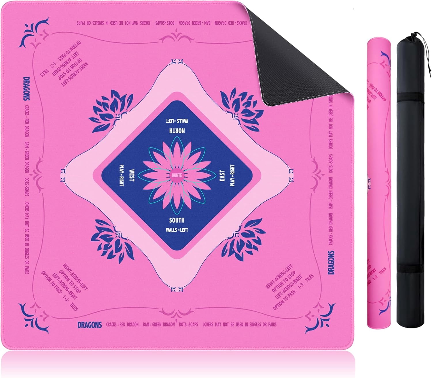 Mahjong Mat for Table, American Mahjong Mat with Printed Rules, 32x32 Inch Non-Slip, Quiet and Foldable Game Mat, Includes Portable Tote Bag (Pink)
