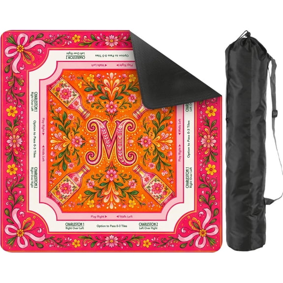 Mahjong Mat for Table Personalized Gift Non Slip Noise Reducing Rubber Game Mat with Rules 31.5"x31.5" Pink Orange Folk Floral Model