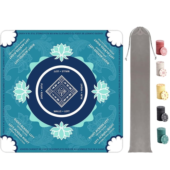 Mahjong Mat with Carrying Bag, 31.5x31.5 in, Turquoise, Non-Slip Noise Reduction, 100 Plastic Tokens