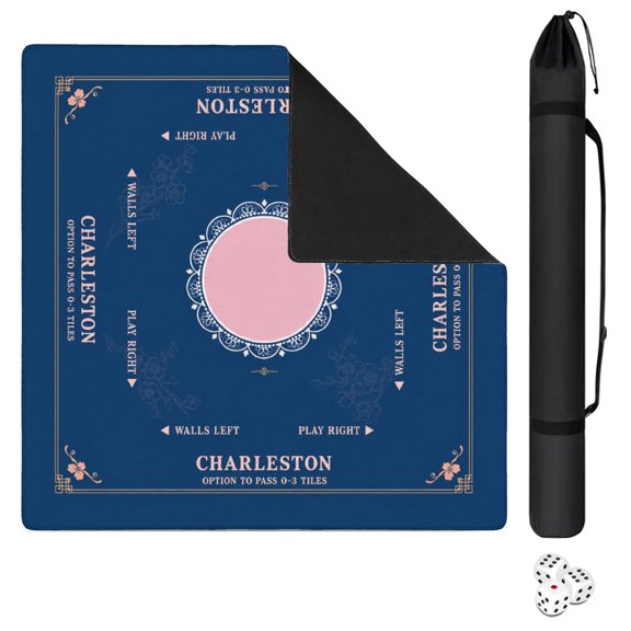 Mahjong Mat Blue Pink Floral Medallion Vintage – 31.5 Inch Anti-Slip Noise Reduction Table Cover, Large Gaming Mat with Carrying Bag for Poker, Dominoes, Card & Board Games