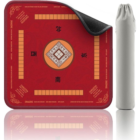 Mahjong Mat with Rules Card, Noise Reduction Non-Slip Mahjong Mat for Table Board Games Table Mat, Card Games, Tile Games, Dominoes (Red)