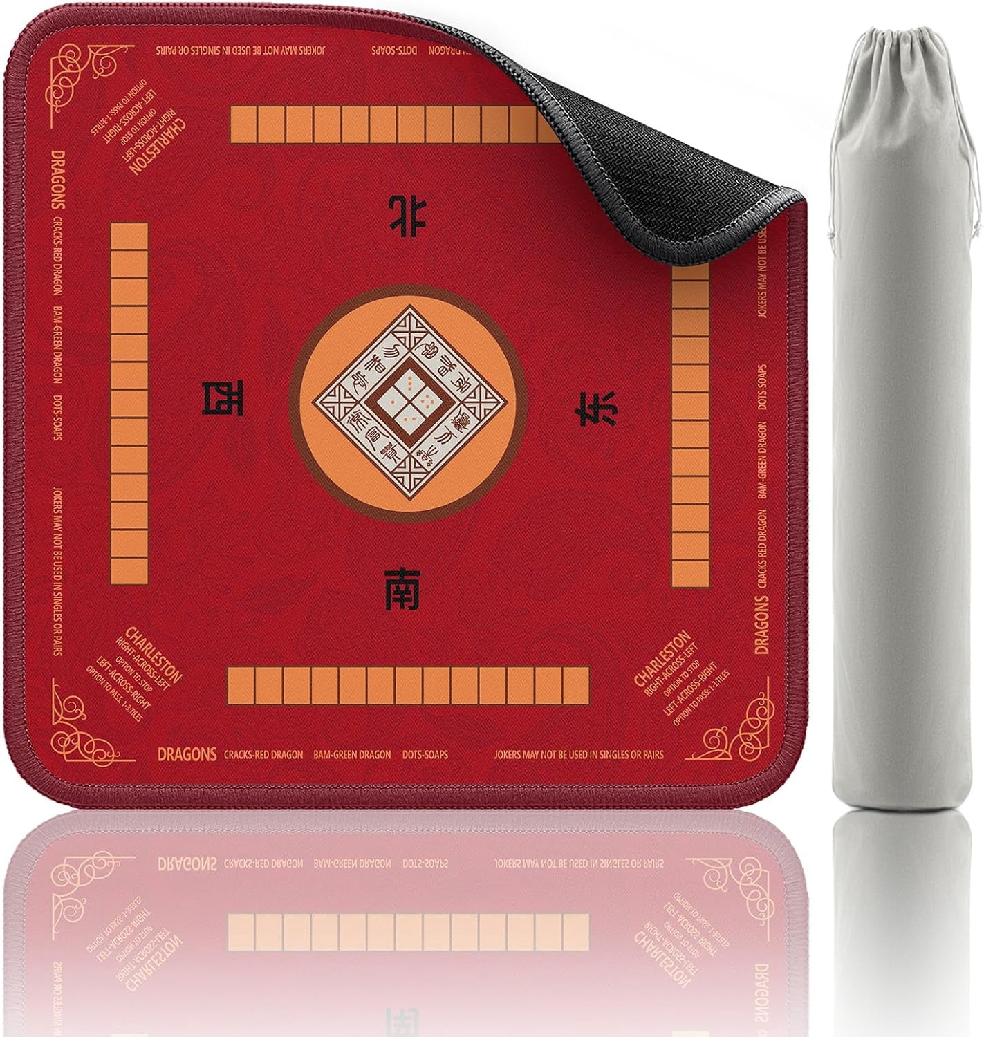 Mahjong Mat with Rules Card, Noise Reduction Non-Slip Mahjong Mat for Table Board Games Table Mat, Card Games, Tile Games, Dominoes (Red)