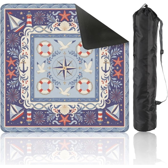 Mahjong Mat31.5" x 31.5" Nautical Themed Decorative Compass Seagulls Lifebuoys