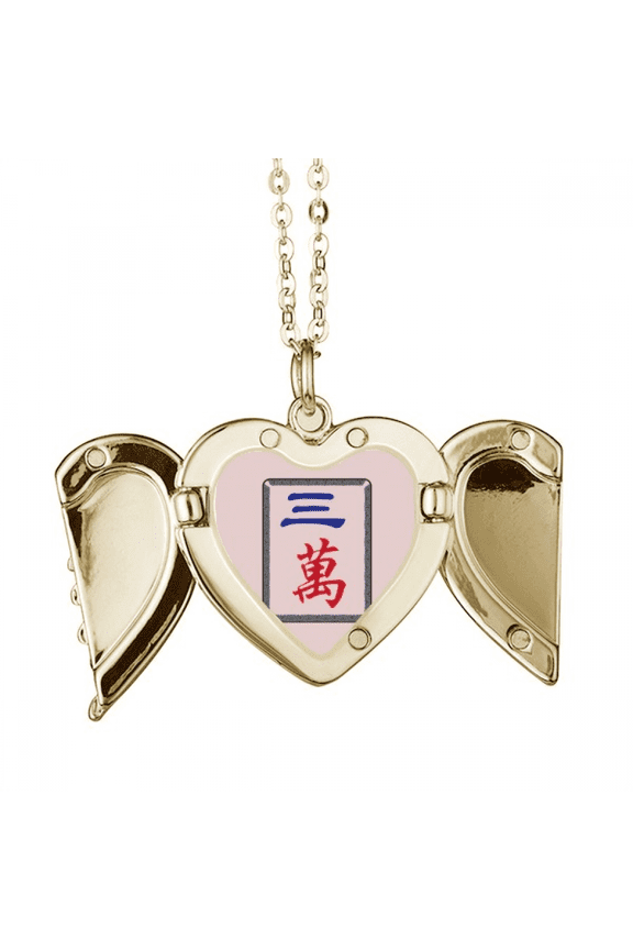 Mahjong Million 3 Tiles Pattern Folded Wings Peach Heart Pendant Necklace