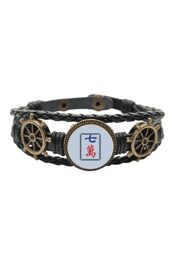 Mahjong Million 7 Tiles Pattern Leather Braided Ocean Bracelet Wristband