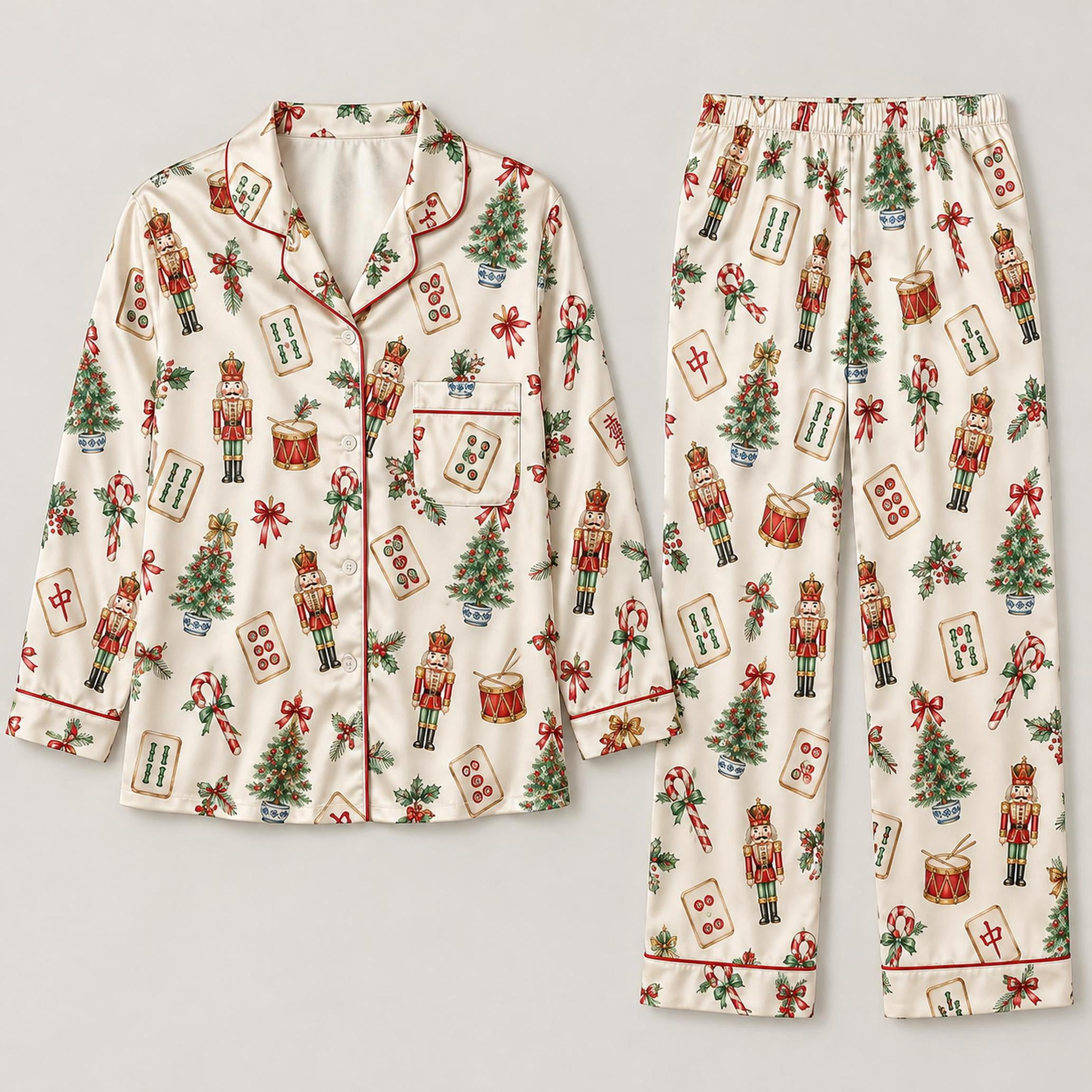 Mahjong Nutcracker Christmas Long Pajamas Set, Holiday Tile Print Satin ...