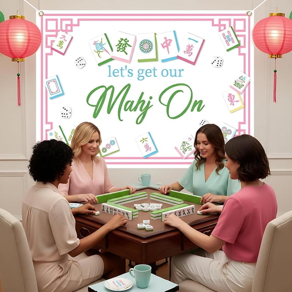 Mahjong Party Decorations, 8x4ft Let's Get Our Mahj On Backdrop Background Banner Photography Background Photo Booth Studio for Mah Jong Birthday Game Celebration Party Supplies