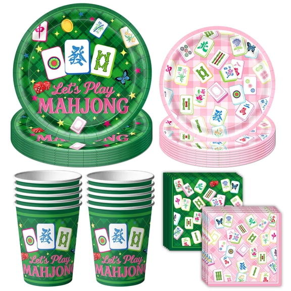 Mahjong Party Decorations, Pink and Green Mahjong-Themed Tableware Set, Paper Plates Napkins Forks Dinnerware for Game Night, Birthday, Special Events & Home Party Supplies