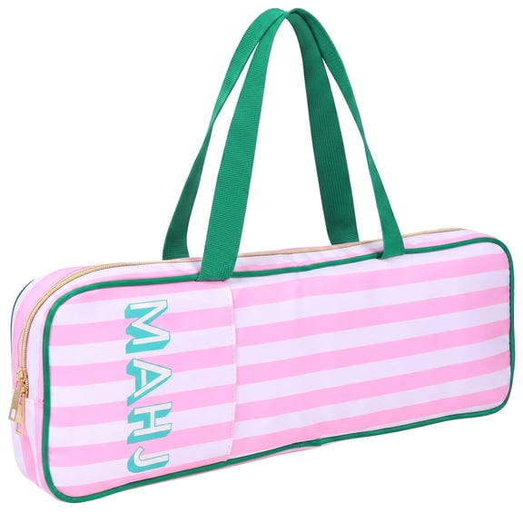 Mahjong Rack Carrying Case Lightweight Polyester Storage Bag with Handle and Pocket Fits Mahjong Tile and Accessory, Pink and White Striped