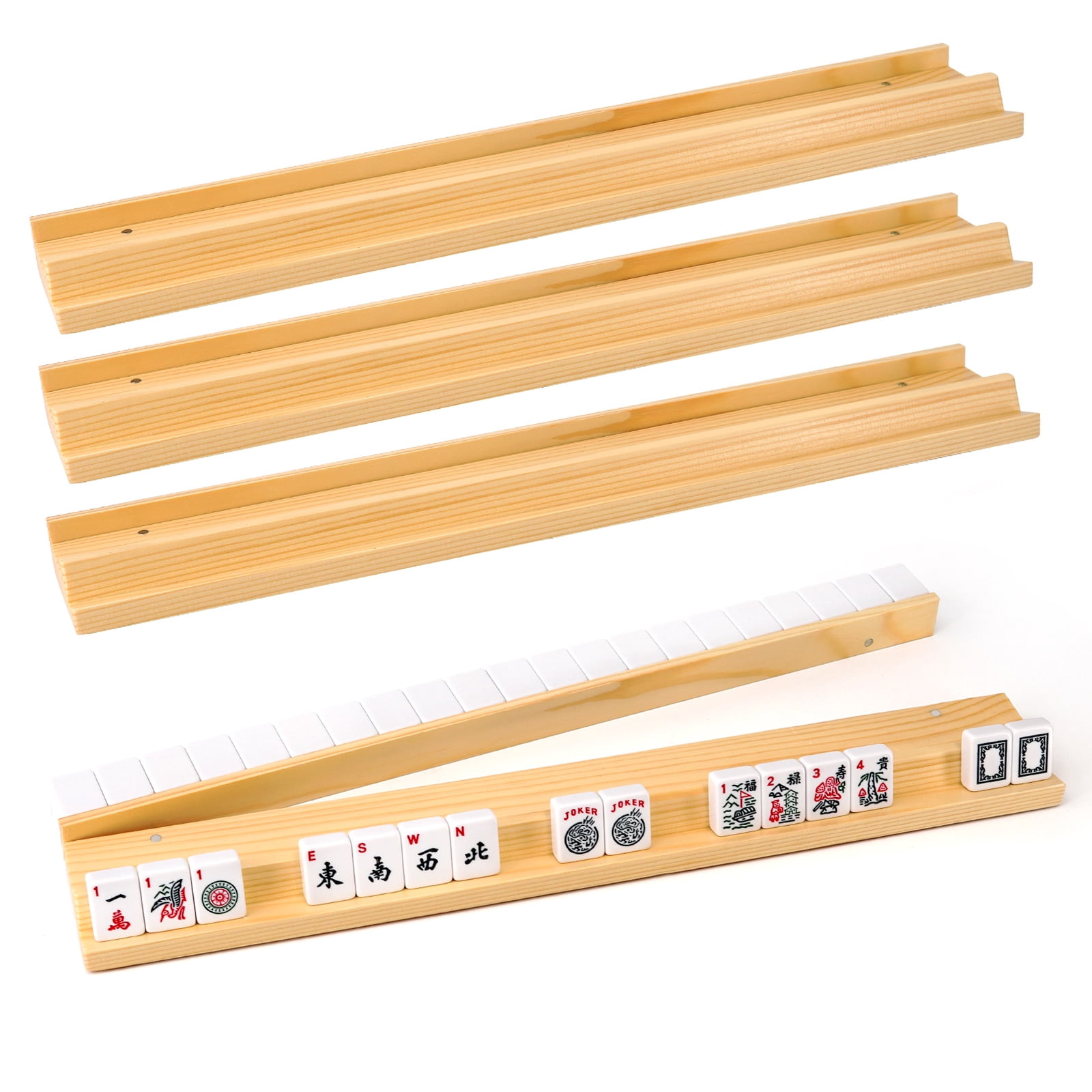 Mahjong Rack Set of 4 - 19 Inch Wooden Tile Racks with Pushers, Magnetic Attachments - Large Size Trays/Holders for Mahjong & Dominoes