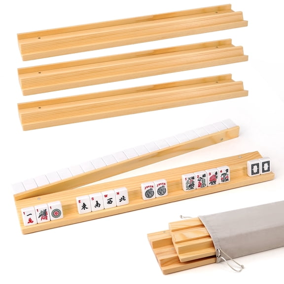 Mahjong Rack Set of 4 - 19 Inch Wooden Tile Racks with Pushers, Magnetic Attachments - Large Size Trays/Holders for Mahjong & Dominoes