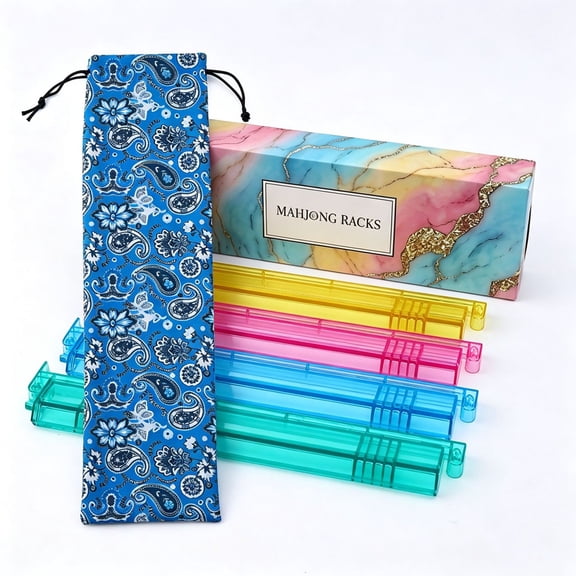 Mahjong Racks with Pushers 4-Pack, Acrylic Tile Holders with Rotating Pushers & Storage Bag, American Mahjong Accessories for Game Night Travel (4 Colors)