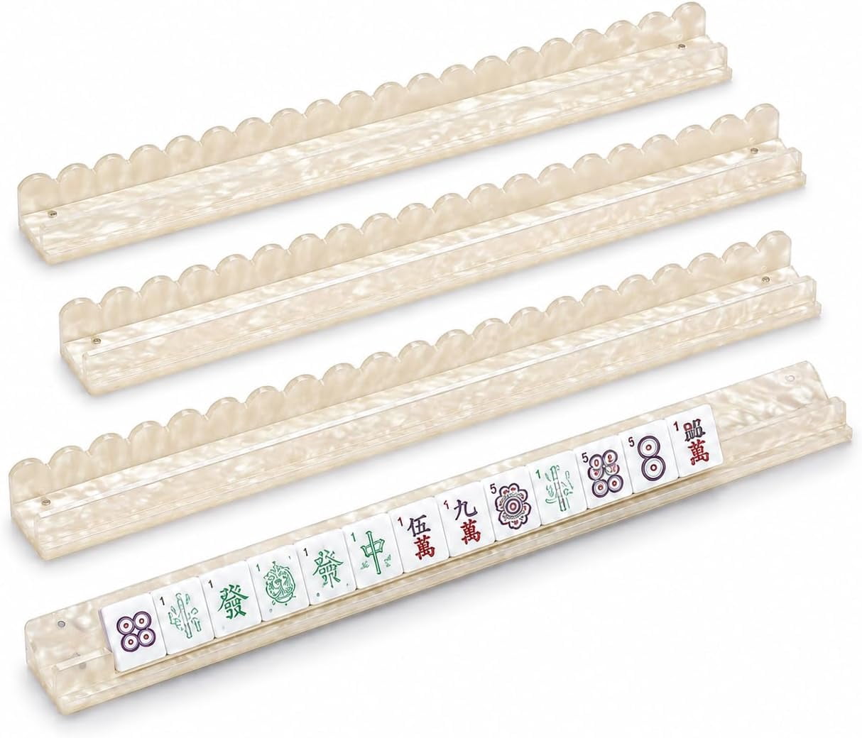 Mahjong Racks with Pushers Set of 4, Scalloped Tortoise Mahjong Racks, Fan-Shaped Acrylic American Mahjong Tile Holders with Magnetic Pushers (Pearl Shell)