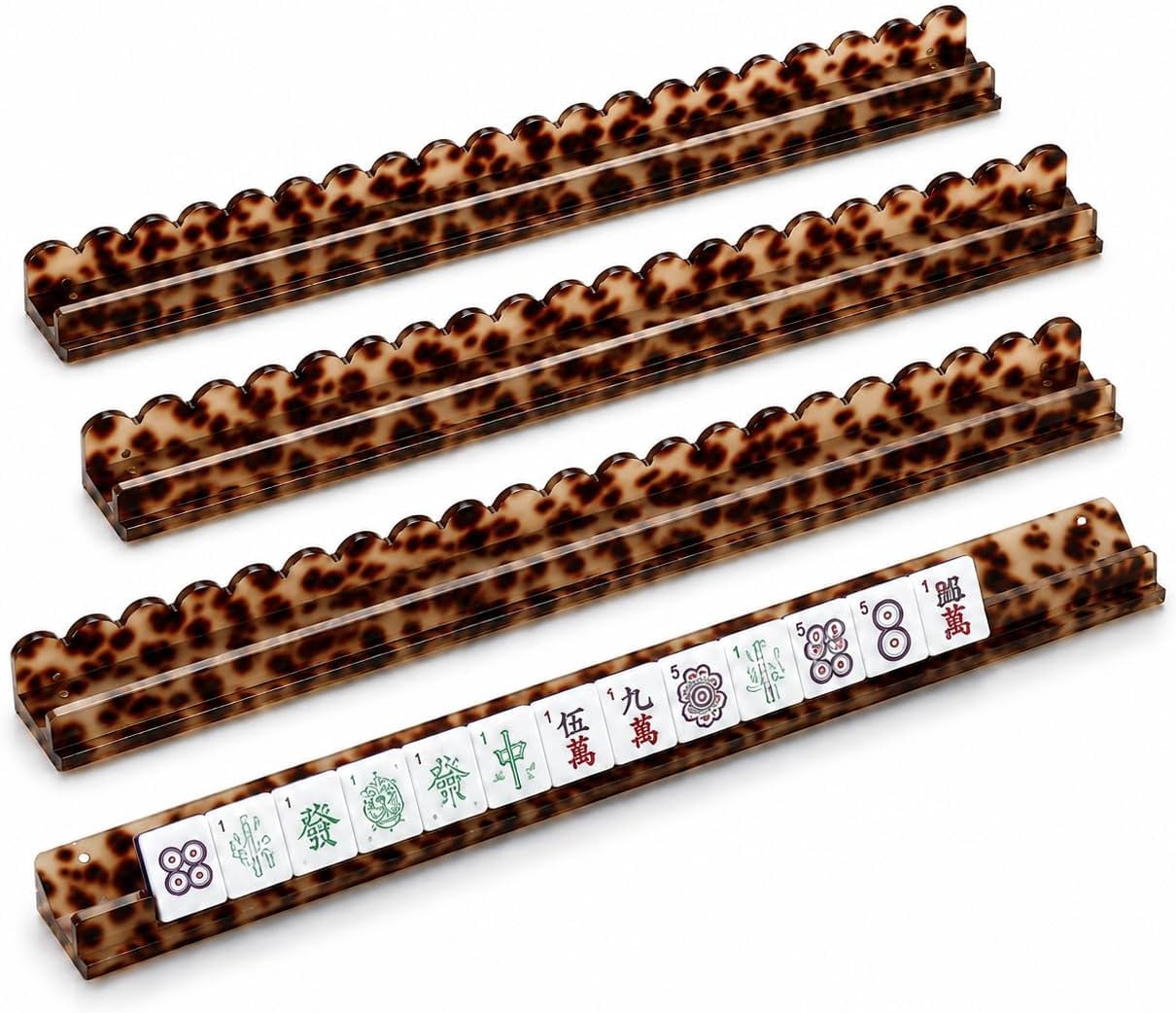 Mahjong Racks with Pushers Set of 4, Scalloped Tortoise Mahjong Racks, Fan-Shaped Acrylic American Mahjong Tile Holders with Magnetic Pushers (Tortoise Beige)