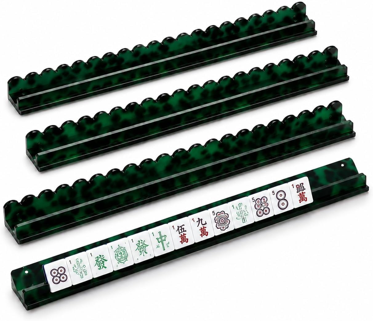Mahjong Racks with Pushers Set of 4, Scalloped Tortoise Mahjong Racks, Fan-Shaped Acrylic American Mahjong Tile Holders with Magnetic Pushers (Tortoise Green)