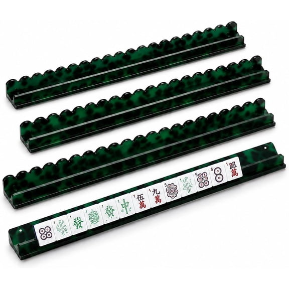 Mahjong Racks with Pushers Set of 4, Scalloped Tortoise Mahjong Racks, Fan-Shaped Acrylic American Mahjong Tile Holders with Magnetic Pushers (Tortoise Green)