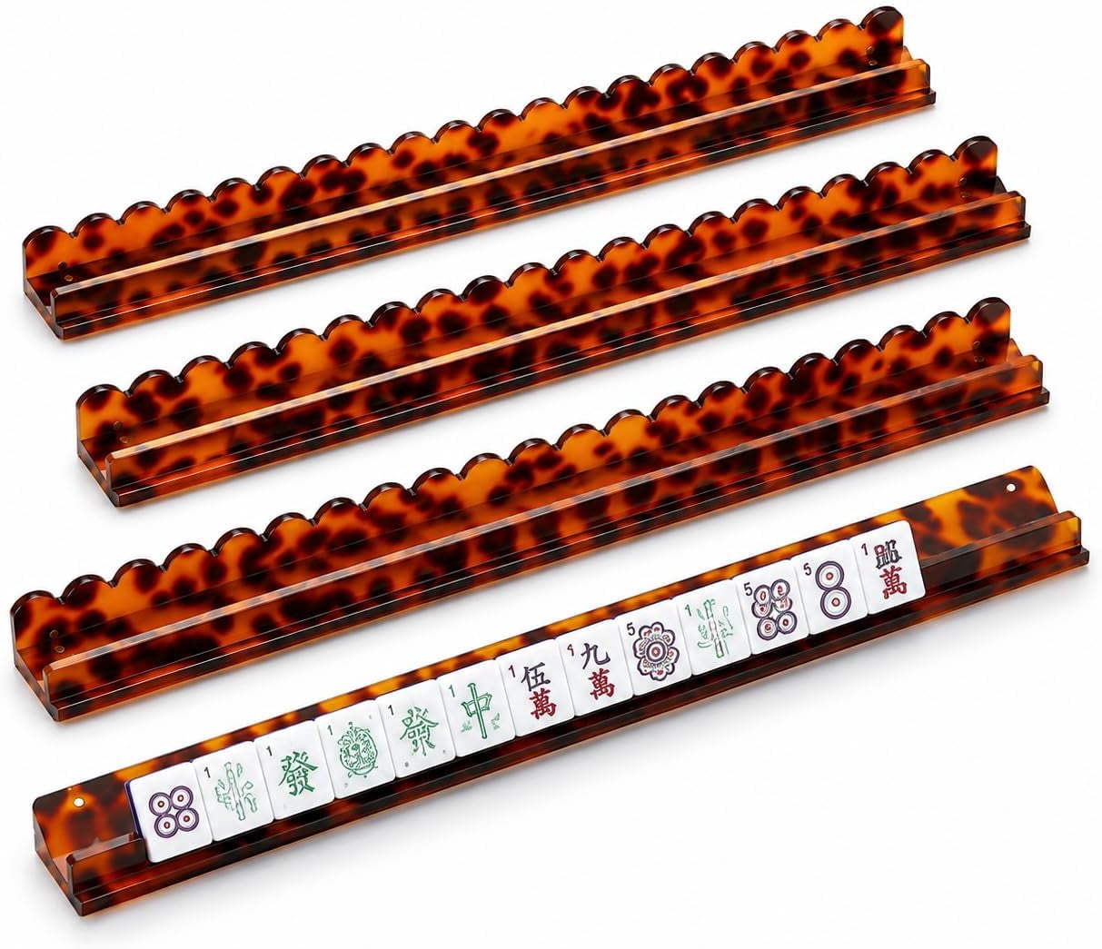 Mahjong Racks with Pushers Set of 4, Scalloped Tortoise Mahjong Racks, Fan-Shaped Acrylic American Mahjong Tile Holders with Magnetic Pushers (Tortoise Orange)