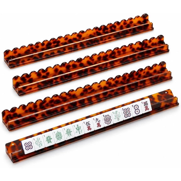 Mahjong Racks with Pushers Set of 4, Scalloped Tortoise Mahjong Racks, Fan-Shaped Acrylic American Mahjong Tile Holders with Magnetic Pushers (Tortoise Orange)