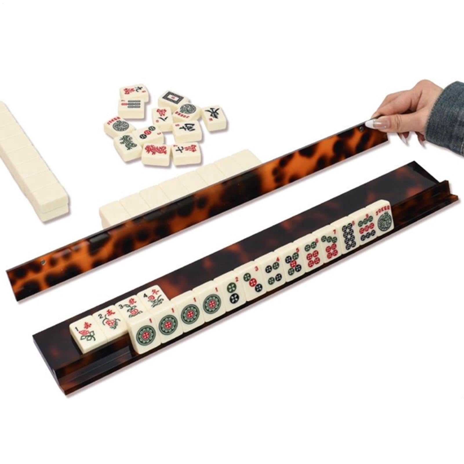 Mahjong Racks with Pushers – Acrylic Tortoiseshell Magnetic Non Slip Rack Set with Scalloped Edge for Mahjong Game Accessories Home Use