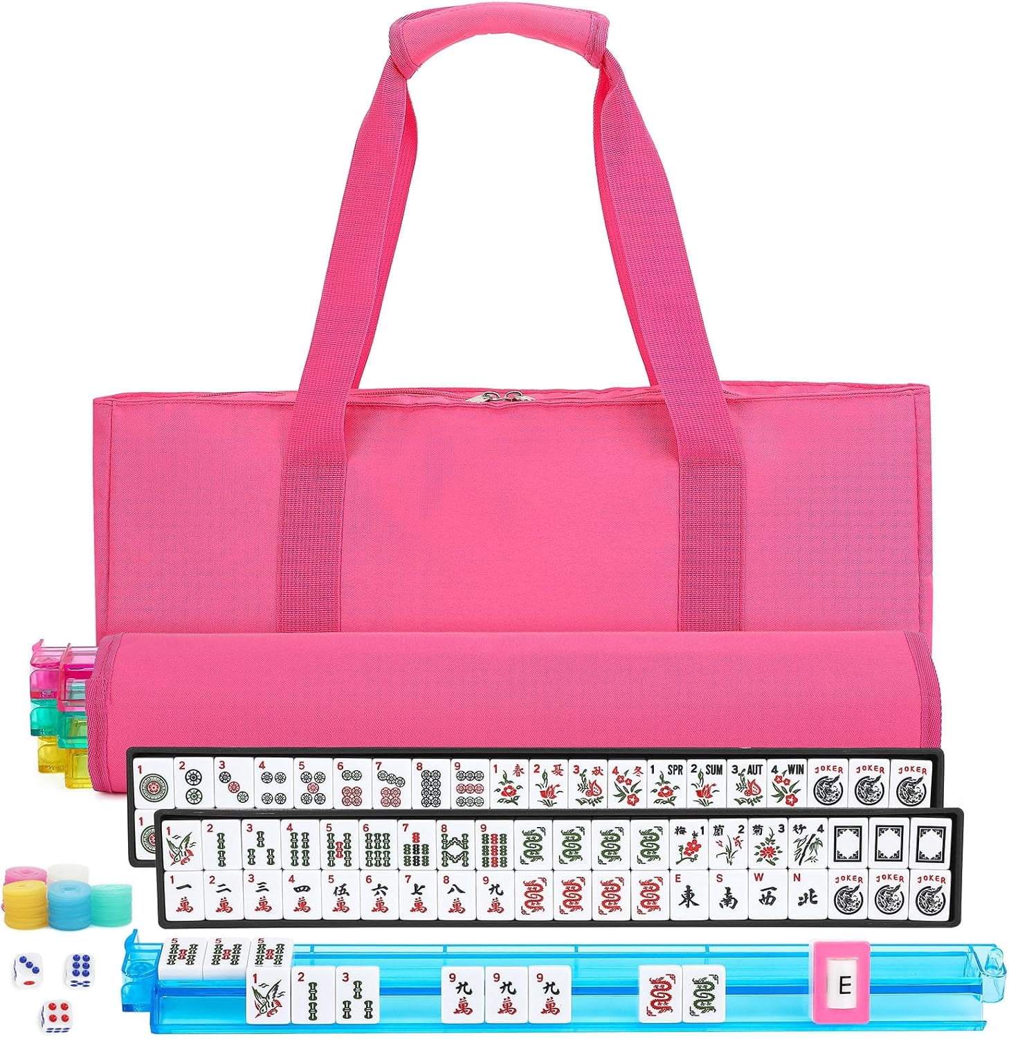 Mahjong Set with 166 White Tiles, 4 Colored Racks, and Travel Carrying Case