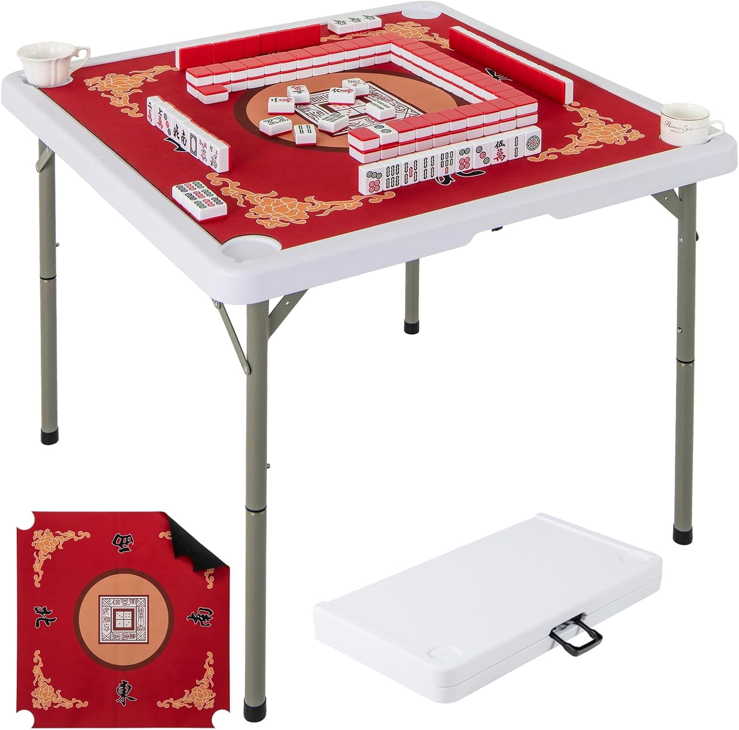Mahjong Table, 35" Square Folding Card Table w/4Cup Holders, Anti Slip ...