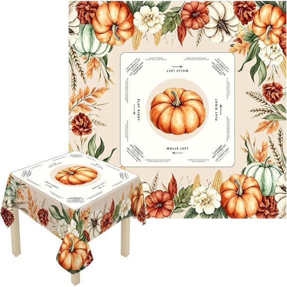Mahjong Table Cover, 55 x 55 Inch Square Tablecloth(Floral Pumpkin)