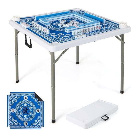 Mahjong Table Foldable with Mahjong Mat, 4-Player Square Domino Table w/Cup Holders & Carrying Handle, Anti Slip Noise Reduction for Mahjong, , Card Board Games (Light Blue)