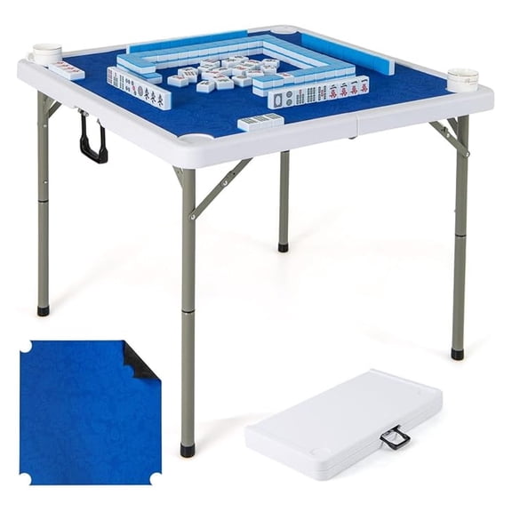 Mahjong Table Foldable with Mahjong Mat, 4-Player Square Domino Table w/Cup Holders & Carrying Handle, Anti Slip Noise Reduction for Mahjong, , Card Board Games (Pure Blue)