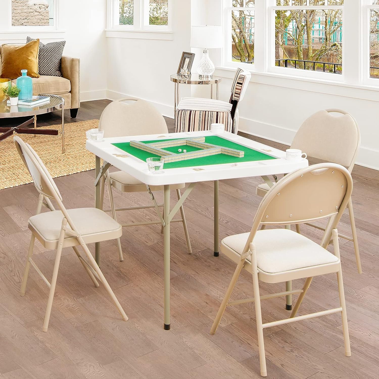 Mahjong Table, Folding Square 4 Player Card Table with Cup Holders