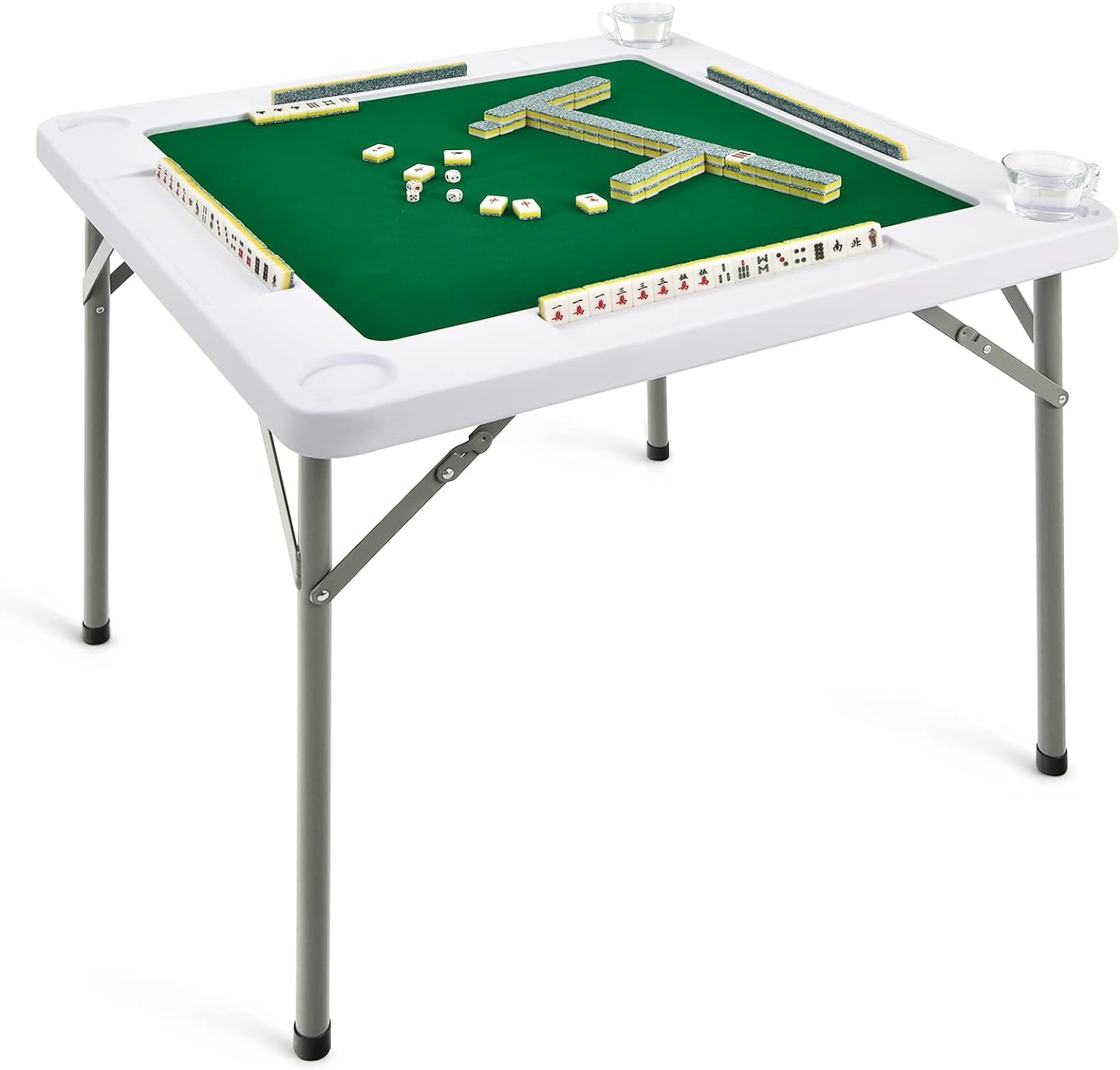 Mahjong Table, Folding Mahjong Table w/Green PVC Tabletop, 4 Cup