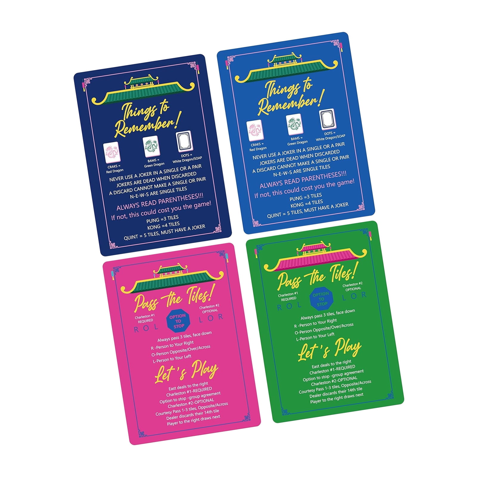 Mahjong Table Guide Cards Set, 4 Double-Sided Tiles Shuffling Cards for ...