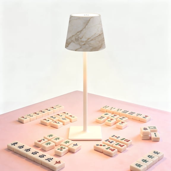 Mahjong Table LED Lamp, Abstract Beige Marble Gold Veins, Cordless Touch Control 3 Color Dimmable Rechargeable Light, Bedside Nightstand Decor Gift for Mahjong Lover
