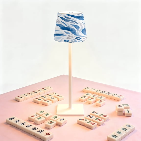 Mahjong Table LED Lamp, Abstract Blue Watercolor Organic Shapes Fluid Design, Cordless Touch Control 3 Color Dimmable Rechargeable Light, Bedside Nightstand Decor Gift for Mahjong Lover