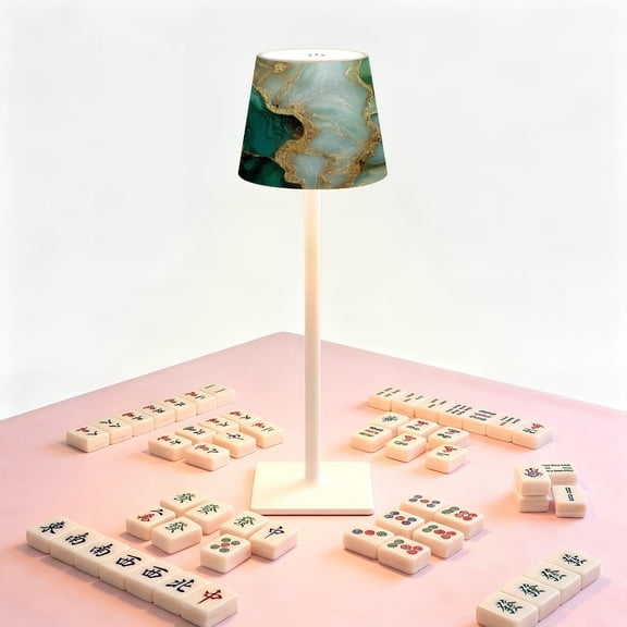 Mahjong Table LED Lamp, Abstract Green Gold Marble Fluid Patterns, Cordless Touch Control 3 Color Dimmable Rechargeable Light, Bedside Nightstand Decor Gift for Mahjong Lover